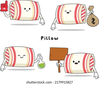 Cute pillow with faces cartoon mascot hand drawn set isolated on white background