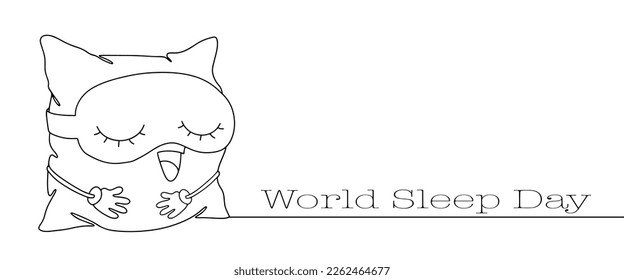 Cute pillow in a sleep mask. World Sleep Day. Hug pillow. One line drawing. Vector illustration