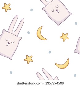 Cute pillow toy Bunny with long rabbit ears, crescent, stars. Print for T-shirt, kids wear fashion, baby shower invitation card, textile graphic, book in kindergarten, cartoon child, wallpaper. Pastel