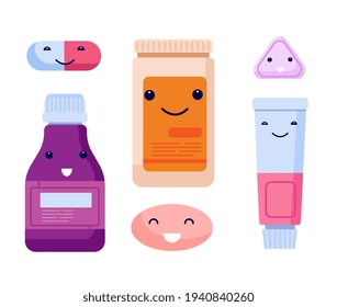 Cute pills. Antibiotics characters, cartoon pill medication. Funny flat drugs, tablet with faces. Smiling heroes from pharmacy utter vector set