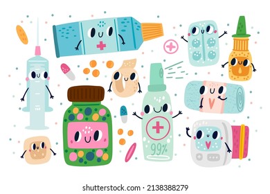 Cute pills characters. Funny pharmacy elements. Cartoon medicines with pretty faces and hands. Syringe and remedy bottles. Tonometer and bandages. Vector pharmaceutical