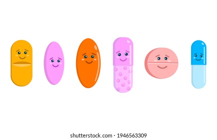 Cute Pillen Zeichen einzeln auf weißem Hintergrund. Tablettensatz und Kapselsymbole mit lustigen Gesichtern. Medizin und Gesundheitsfürsorge für Kinder. Vektorgrafik-Illustration.