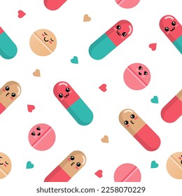 Cute pills, medicine drug pattern. Health emoji, medical tablets, pharmacy vitamins, depression painkiller. Funny characters. Decor textile. Vector seamless current background