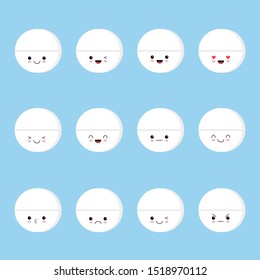 Cute pills smiling. Happy pills and pills with emotions and face on a blue background. Vector image