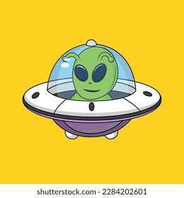 Cute Pilot alien riding spaceship Cartoon Sticker vector Illustration
