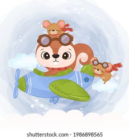 Cute pilot animal in watercolor illustration