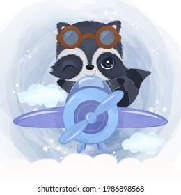 Cute pilot animal in watercolor illustration