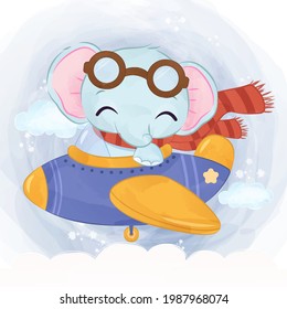 Cute pilot animal in watercolor illustration