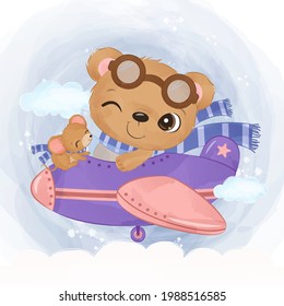 Cute pilot animal in watercolor illustration