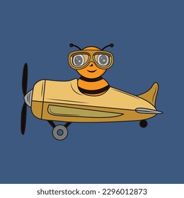 Cute Pilot Bee with airplane Cartoon Sticker vector Illustration