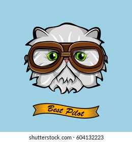 Cute Pilot Cat Face Traveler Retro Aviator Glasses. Best Pilot Ribbon. Vector Illustration Isolated On White Background.