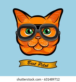 Cute Pilot Cat Face Traveler Retro Aviator Glasses. Best Pilot Ribbon. Vector Illustration Isolated On White Background.