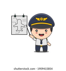 cute pilot character giving information about airplane, vector illustration isolated on white background