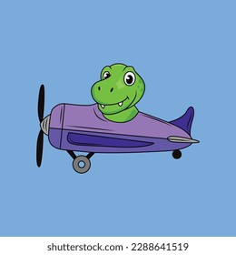 Cute Pilot dinosaur with airplane Cartoon Sticker vector Illustration