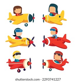 Cute pilot flies on a yellow plane in the sky flat vector illustration