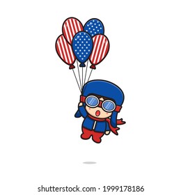 Cute pilot flying with balloon celebrate america independence day cartoon icon vector illustration. Design isolated on white. Flat cartoon style.