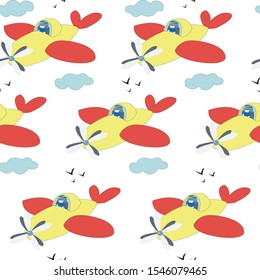 Cute pilot is flying the jet high up in the sky in kids style art. Seamless pattern. Endless texture