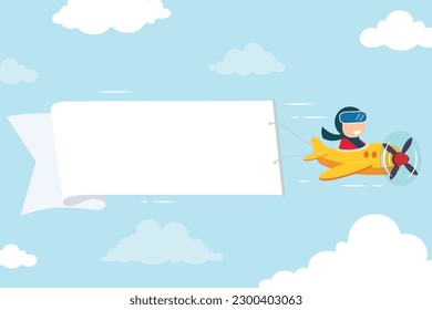 Cute pilot flying on vintage red airplane with banner. Flat vector illustration