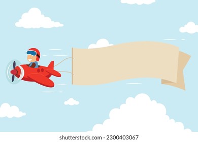 Cute pilot flying on vintage red airplane with banner. Flat vector illustration