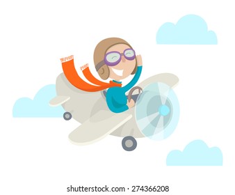 Cute pilot flying on vintage airplane. Flat illustration.