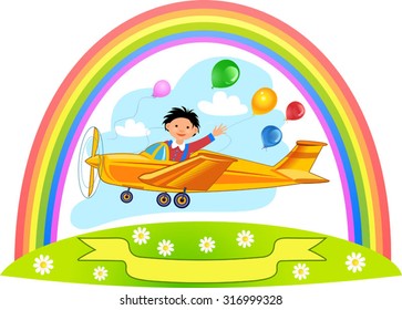 Cute pilot flying on yellow airplane