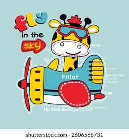 Cute Pilot Giraffe Cartoon, Flat Vector Illustration