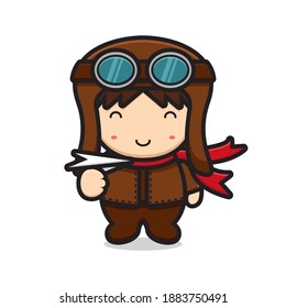Cute pilot mascot character playing with paper plane