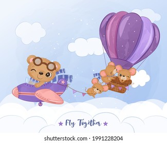 Cute pilot and mice in air balloon playing together in watercolor illustration