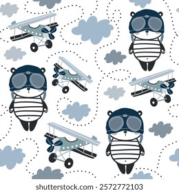 Cute pilot panda baby with airplane and cloud