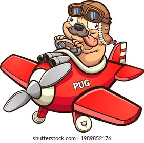 Cute pilot pug flying a tiny red toy airplane. Vector clip art illustration with simple gradients. All in a single layer. 
