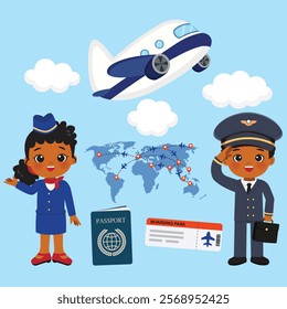 Cute pilot and stewardess airplane crew clip art