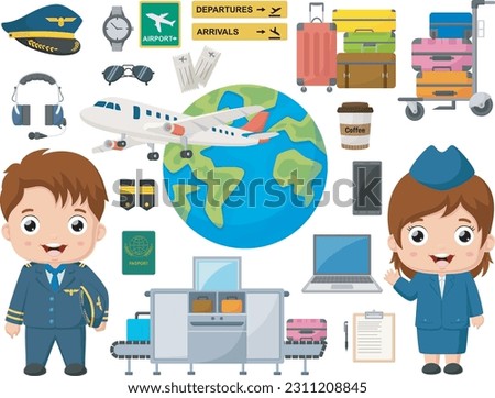 Cute pilot and stewardess kid with element collection