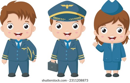 Cute pilot and stewardess kids cartoon