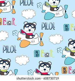 cute pilot teddy bear cartoon, childish pattern with pilot teddy bear, bedding pattern for kids, wrapping paper vector illustration