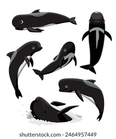 Cute Pilot Whale Poses Set Cartoon Vector