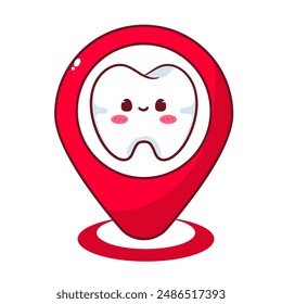 Cute Pin Location Tooth Cartoon Vector Character. Education Human Organ Dental Care Concept Design. Kawaii Object Illustration. Isolated White Background