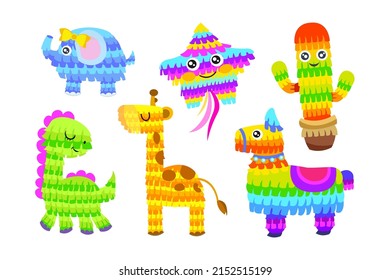 Cute pinata cartoon characters vector illustrations set. Mexican toys of animal and cactus shapes for birthdays, parties or carnivals isolated on white background. Celebration, holiday concept