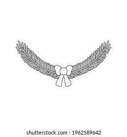 Cute pine or Christmas branches with a bow. Isolated outline decoration for coloring pages in the white background. Flat style illustration.