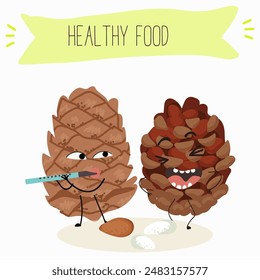 Cute pine nuts, characters, cedar cone, funny nuts, with different activities, outdoor, sports, musical instrument. 