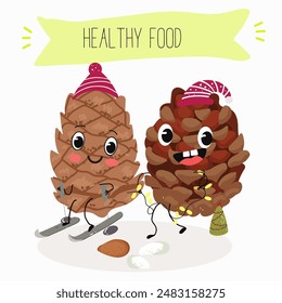 Cute pine nuts, characters, cedar cone, funny nuts, with different activities, outdoor, sports, musical instrument. 