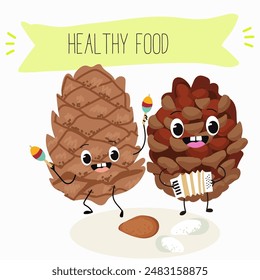 Cute pine nuts, characters, cedar cone, funny nuts, with different activities, outdoor, sports, musical instrument. 