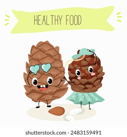 Cute pine nuts, characters, cedar cone, funny nuts, with different activities, outdoor, sports, musical instrument. 