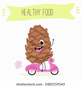 Cute pine nuts, characters, cedar cone, funny nuts, with different activities, outdoor, sports, musical instrument. 