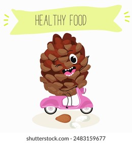 Cute pine nuts, characters, cedar cone, funny nuts, with different activities, outdoor, sports, musical instrument. 