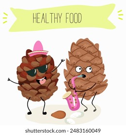 Cute pine nuts, characters, cedar cone, funny nuts, with different activities, outdoor, sports, musical instrument. 
