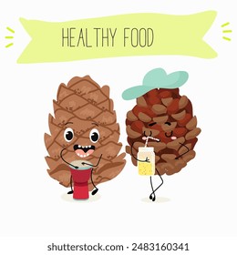 Cute pine nuts, characters, cedar cone, funny nuts, with different activities, outdoor, sports, musical instrument. 