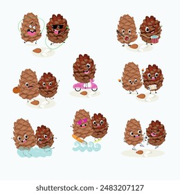 Cute  pine nuts, characters, cedar cone, funny nuts, characters set, collection. Flat vector illustration. Activities, playing musical instruments, sports, funny nuts.