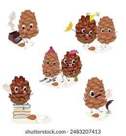 Cute  pine nuts, characters, cedar cone, funny nuts, characters set, collection. Flat vector illustration. Activities, playing musical instruments, sports, funny nuts.