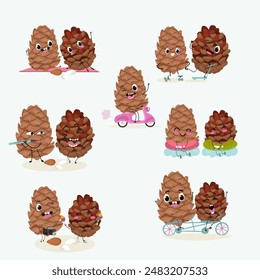 Cute  pine nuts, characters, cedar cone, funny nuts, characters set, collection. Flat vector illustration. Activities, playing musical instruments, sports, funny nuts.