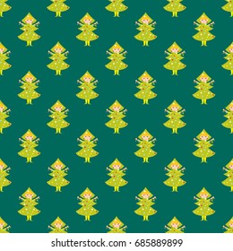 Cute pine tree kids wearing Christmas costumes vector characters little people seamless pattern cheerful children holidays illustration